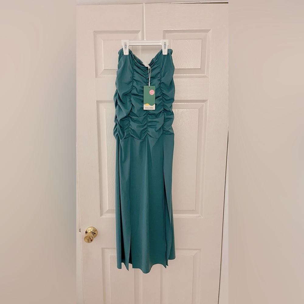 HALARA Teal Ruched Maxi-Skirt With Double Slits-Small